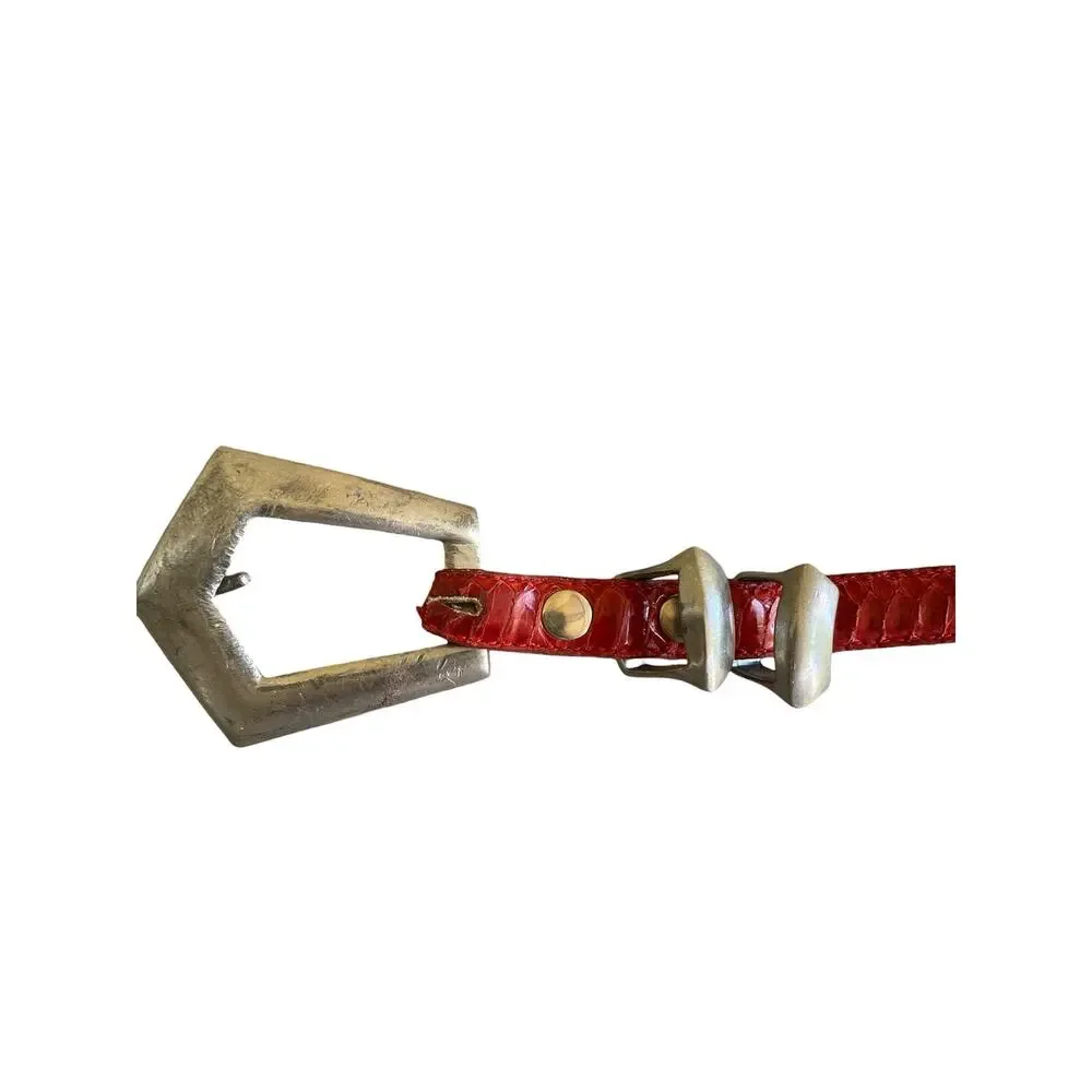 Vtg MZ Accessories of NY Red Genuine Snakeskin Western Belt Silver Buckle Size M
